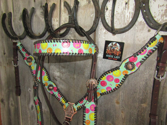 Hot Headstalls Neon Smiles Leather Browband & Breast Collar Tack Set - NEW