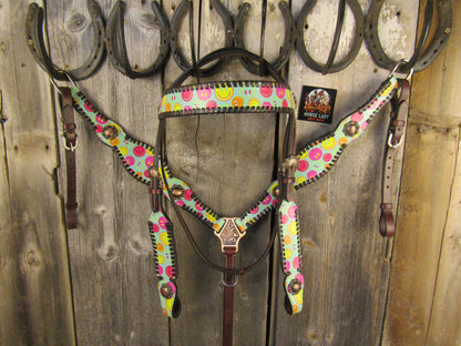 Hot Headstalls Neon Smiles Leather Browband & Breast Collar Tack Set - NEW