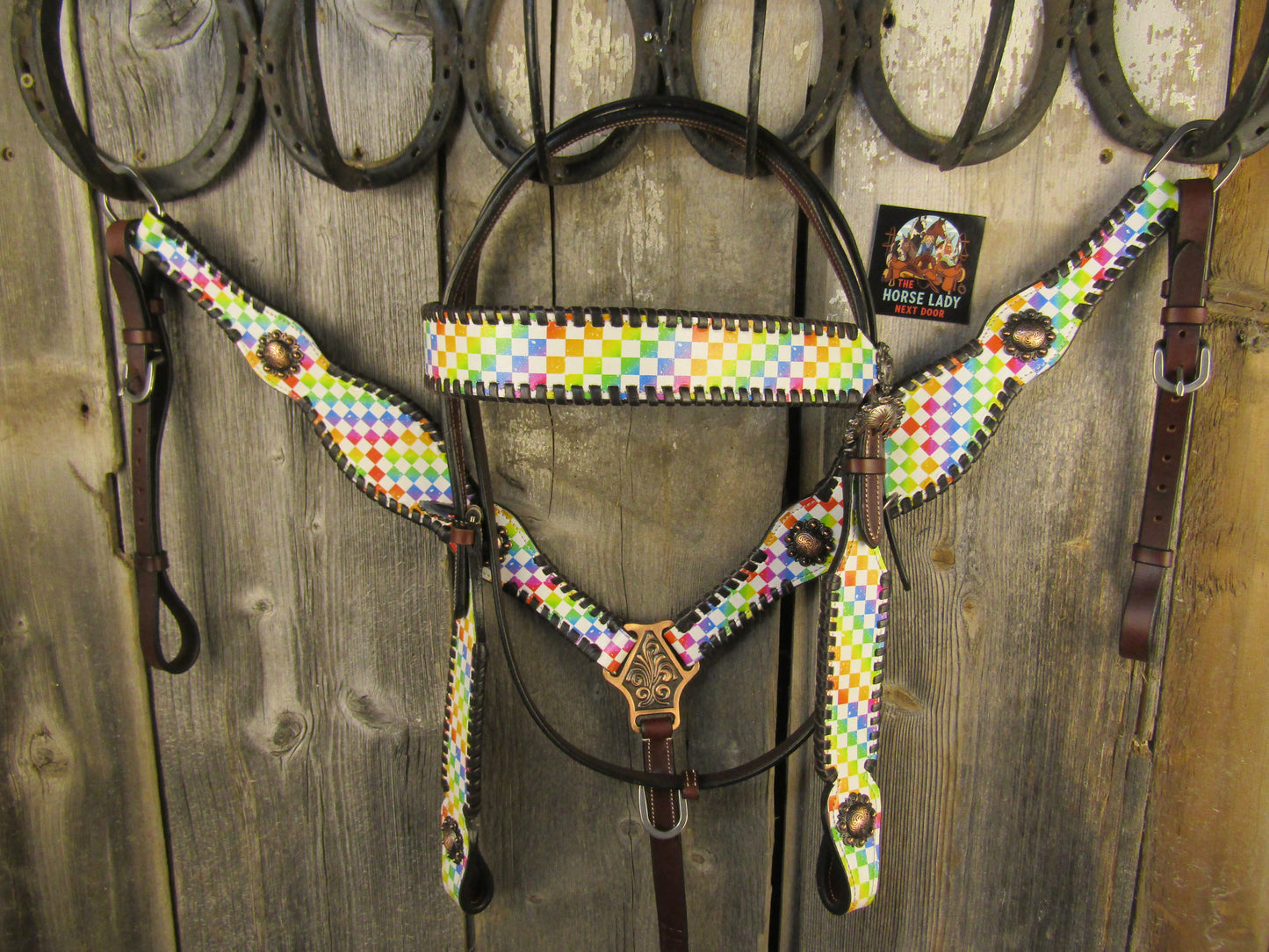 Hot Headstalls Rainbow Checkered Browband & Breast Collar Leather Tack Set- NEW