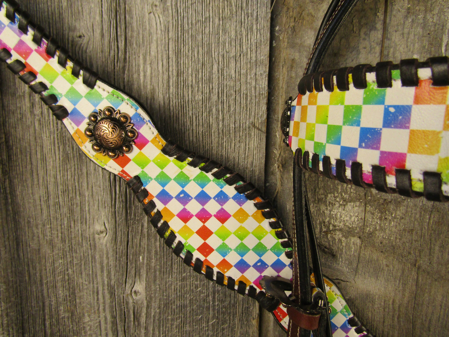 Hot Headstalls Rainbow Checkered Browband & Breast Collar Leather Tack Set- NEW