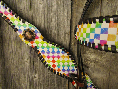 Hot Headstalls Rainbow Checkered Browband & Breast Collar Leather Tack Set- NEW