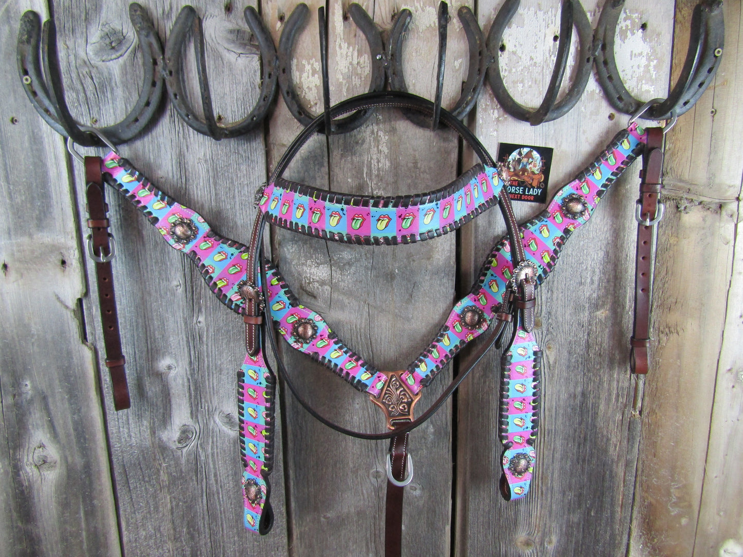 Hot Headstalls Checkered Lips Browband Headstall & Breastcollar Leather Tack Set- NEW