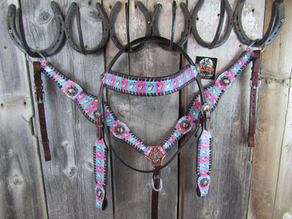 Hot Headstalls Checkered Lips Browband Headstall & Breastcollar Leather Tack Set- NEW