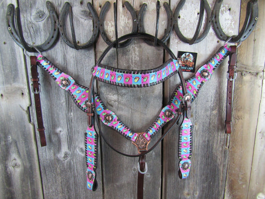 Hot Headstalls Checkered Lips Browband Headstall & Breastcollar Leather Tack Set- NEW